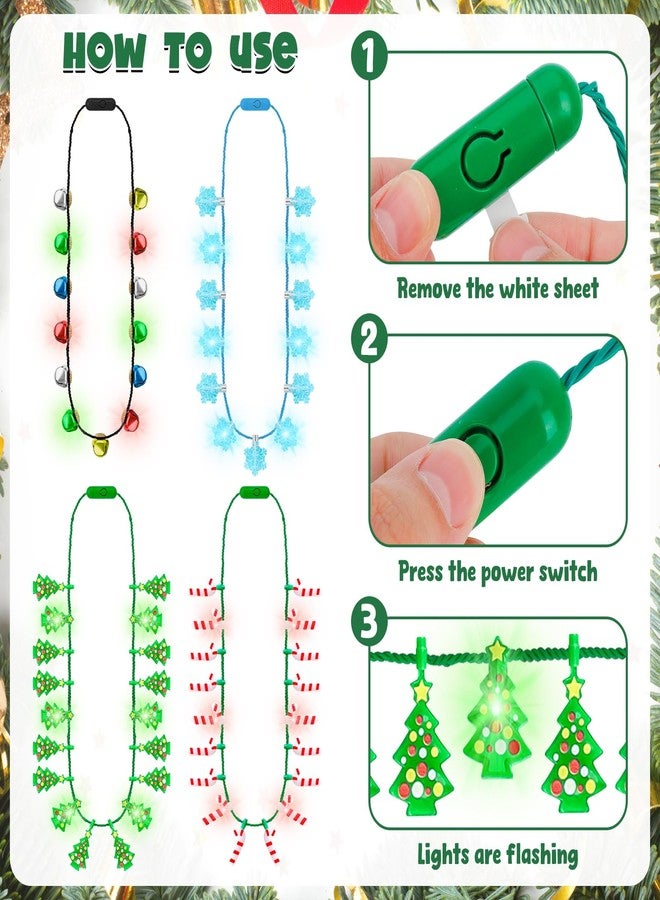 Traplace 4PCS Christmas Light Up Necklace, 3 Modes Xmas Accessories with Bell Tree Candy Cane Snowflake Designs, Vibrant Bulbs Festive Party Supplies, Christmas Necklace for Ugly Sweater Party Favors - Image 3